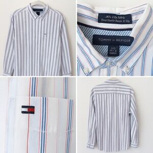 Tommy Hilfiger Men Custom Fit Button-Down Shirt L  White Blue Red 100% Cotton‎